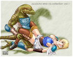 Sophitia Soul_Calibur Vaginal blood corset cum glazed_eyes green_eyes highres leg_grab lizardman monster on_back rape reptile skirt thighhighs yellow_eyes // 1533x1205 // 970.4KB