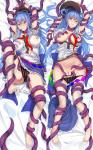 1girl Tenshi_Hinanawi Touhou anticipation blue_hair breast_groping purple_tentacles pussy_rubbing red_eyes restrained stripping transparent_clothes wet_clothes // 640x1024 // 182.6KB