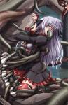 arm_grab blue_hair blush bra_pull censored closed_eyes goes monster oral schoolgirl skirt tears tentacles_under_clothes thighhighs tongue_out torn_clothes waist_grab // 585x900 // 421.8KB