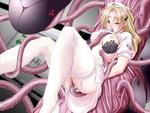 Tentacle alien arm_grab arms_behind_back blonde_hair bondage breast_fuck brown_eyes cum giving_in leg_grab monster nurse oral panties_aside rape suspension thighhighs torn_bra torn_clothes white_skin wink // 750x563 // 69.2KB