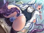 Tentacle anal blue_hair blush censored closed_eyes from_behind monster open_mouth penetration skirt toilet torn_clothes torn_panties upskirt white_skin willing // 800x600 // 112.3KB