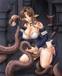 Tentacle anticipation arm_grab big_breasts blue_eyes brown_hair ear_grab elf imminent_oral kneeling large_breasts necklace open_mouth panties_aside panties_pull pointed_ears pussy_rub thighhighs willing // 978x1200 // 138.1KB